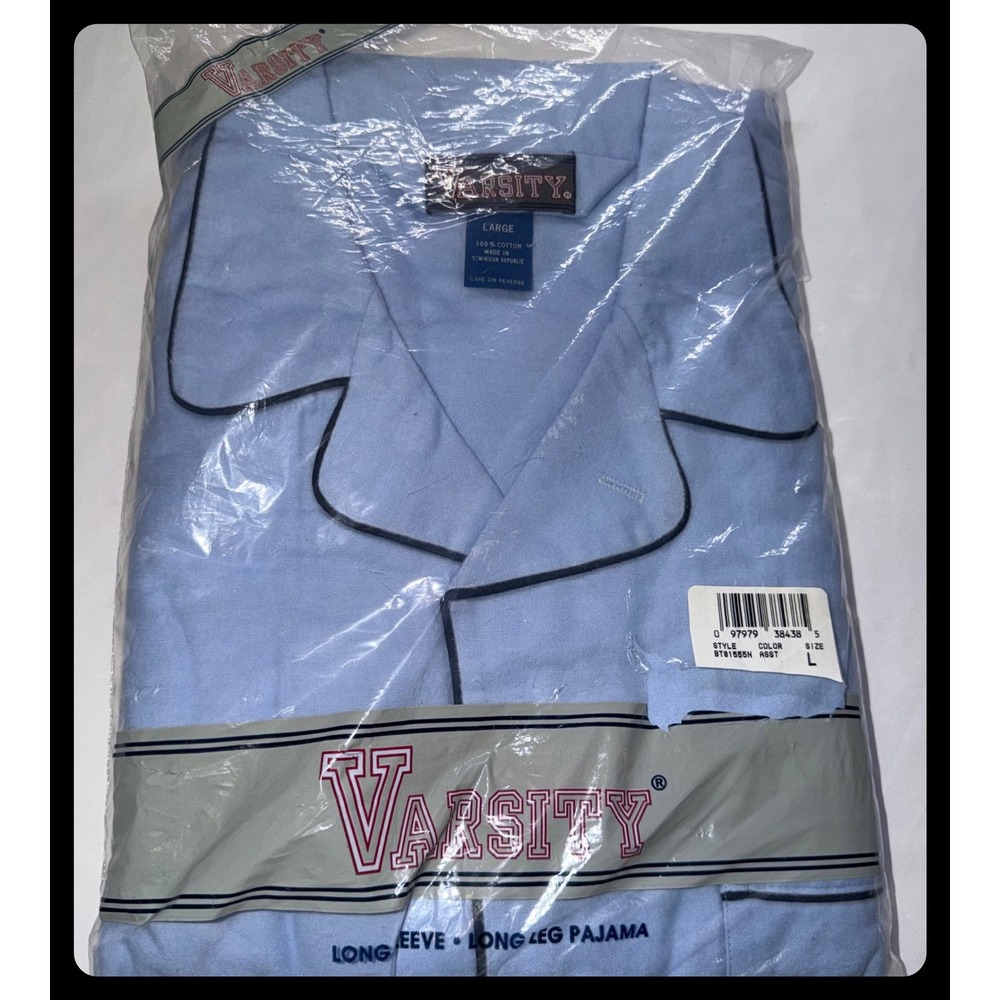 Vintage Varsity Mens Pajama Set NIP NWT Large Blue Cotton Grandpacore Piped